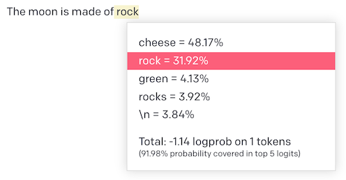 Screenshot of "The Moon Is Made of Rock" in the OpenAI Playground