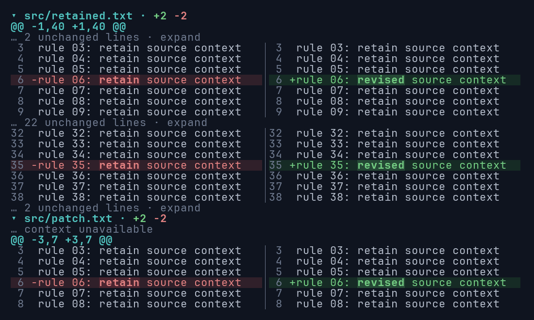 Two files: the first was compared from full source and offers expandable unchanged lines; the second came from a patch and marks its missing context as unavailable.
