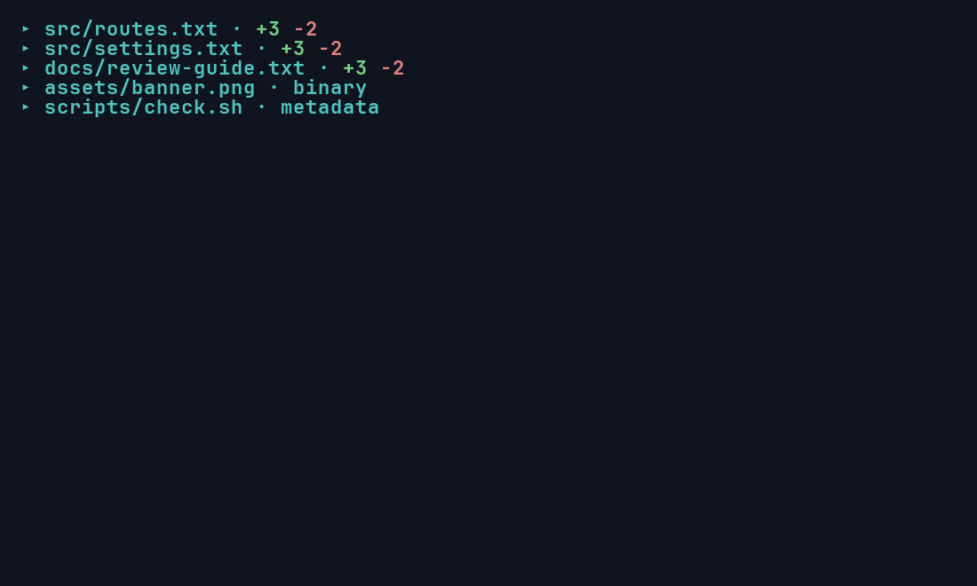 The same five files collapsed to one header row each, with binary and metadata-only files labeled.