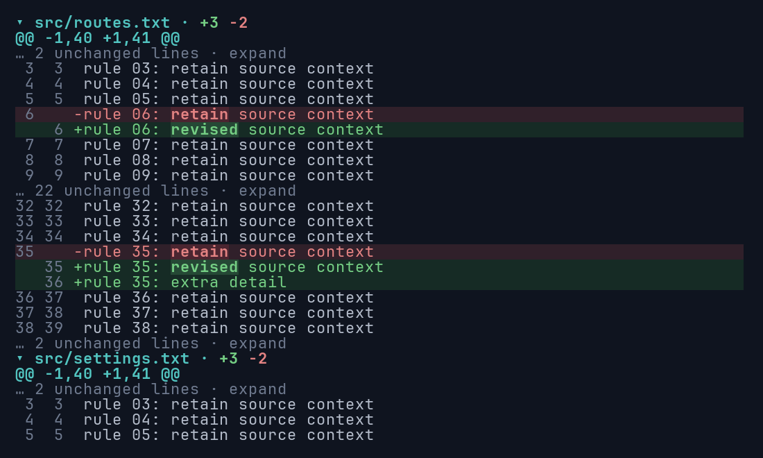 Five files expanded, each showing its header with change counts followed by its hunks.