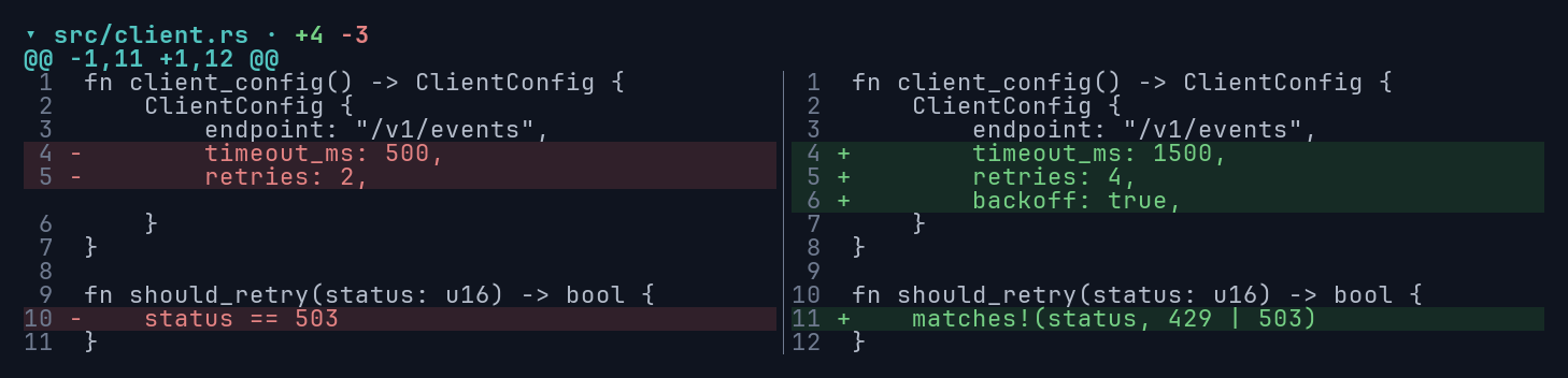 With word highlights disabled, additions and deletions keep their row colors and markers.