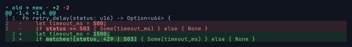 The minimal example in unified view: the timeout and status check are removed and replaced, with the changed values emphasized.
