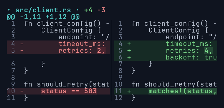 At 49 columns, unwrapped split lines clip at the pane boundary instead of running into the other pane.