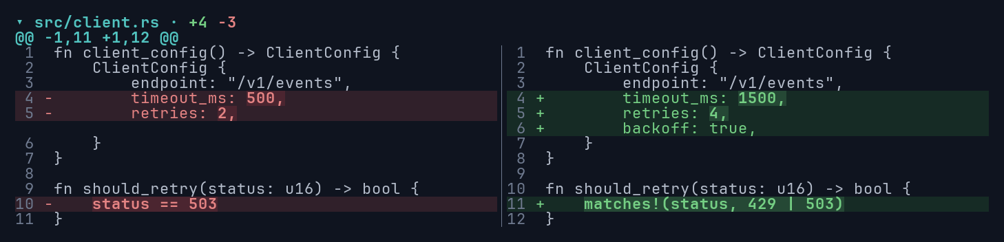 Split view of a Rust change: the old timeout and retry count on the left, their replacements and an added backoff line on the right, with changed words emphasized.