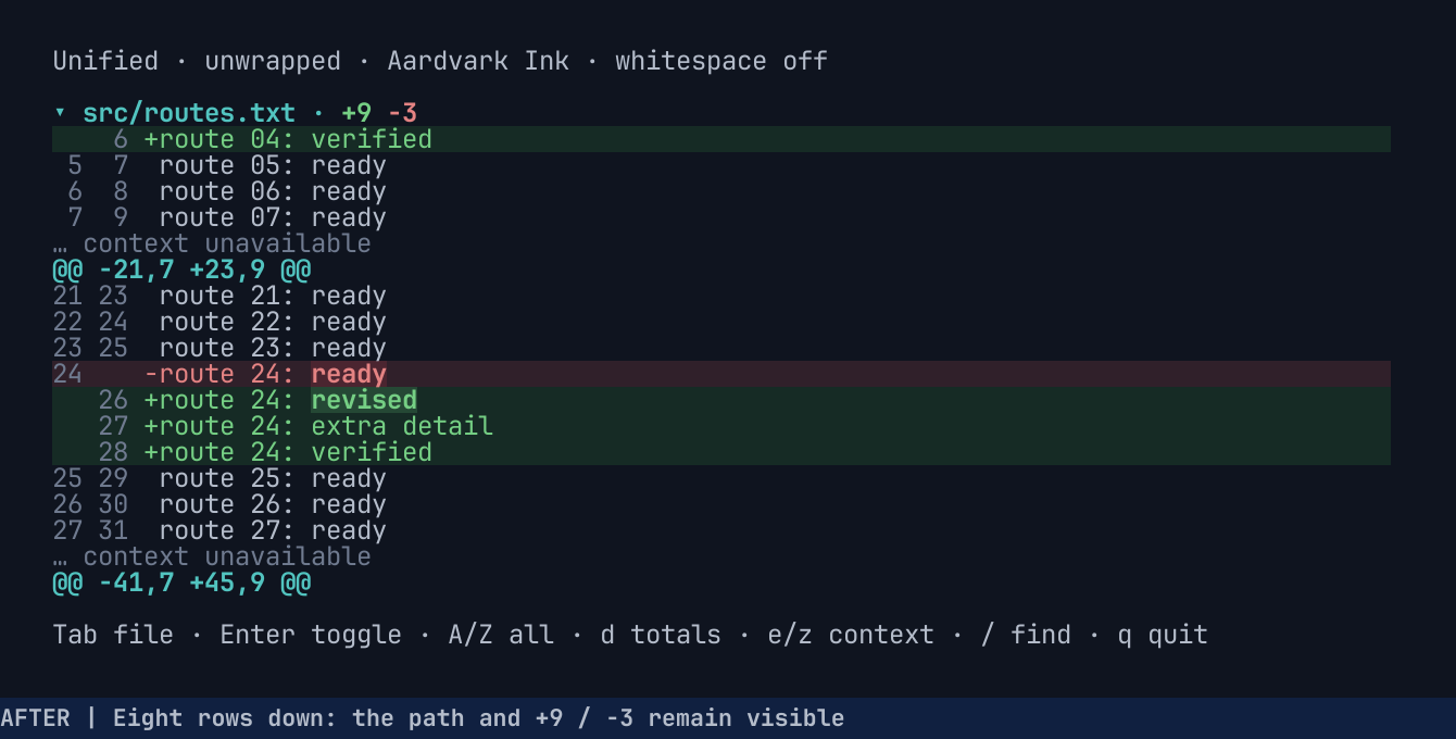 After: the path and colored counts remain visible above the scrolled source.