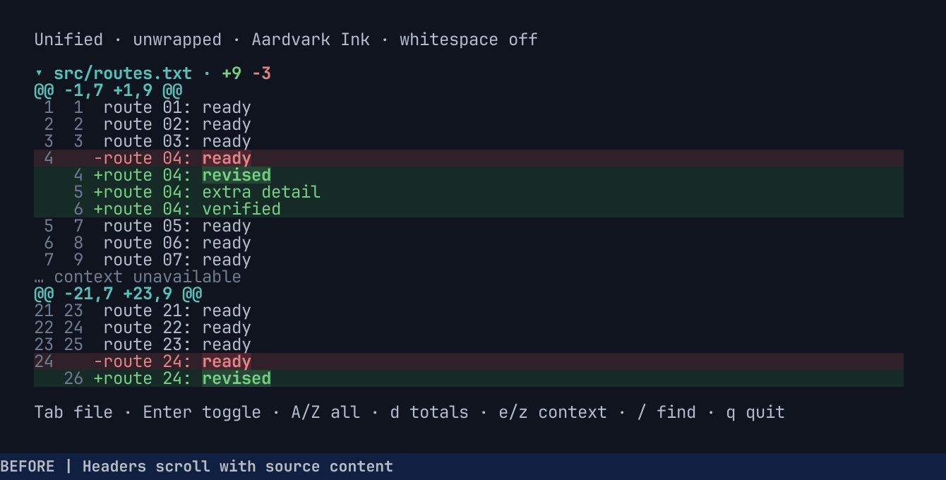 Animated comparison replaying the same scroll and split-view switch with sticky headers off and on.
