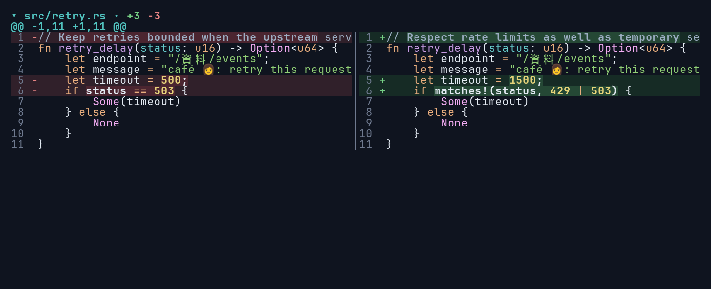 The same change with keywords, types, strings, and numbers colored by the Coldark-Dark syntax theme.