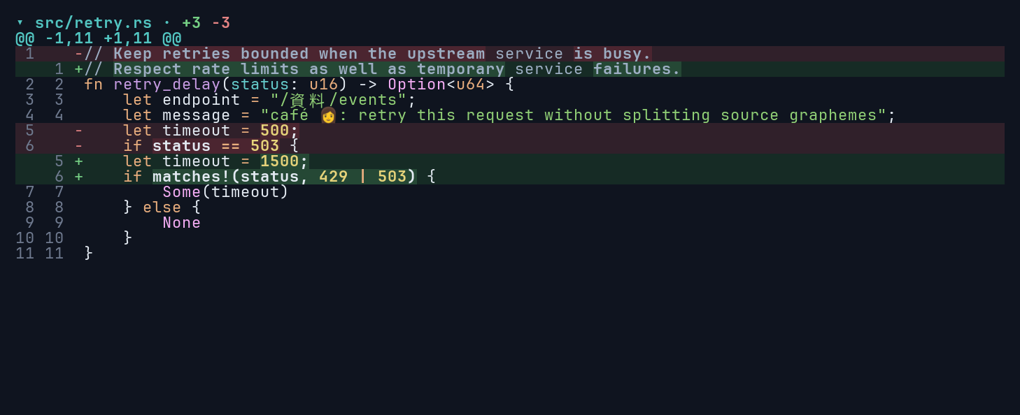 Unified view with syntax colors under the deletion and insertion row backgrounds.
